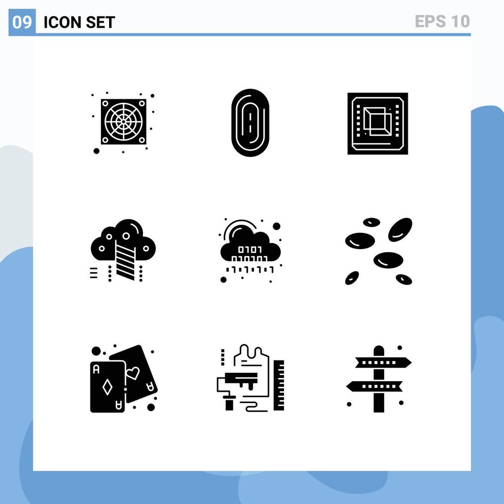 9 User Interface Solid Glyph Pack of modern Signs and Symbols of code binary cpu data cloud Editable Vector Design Elements