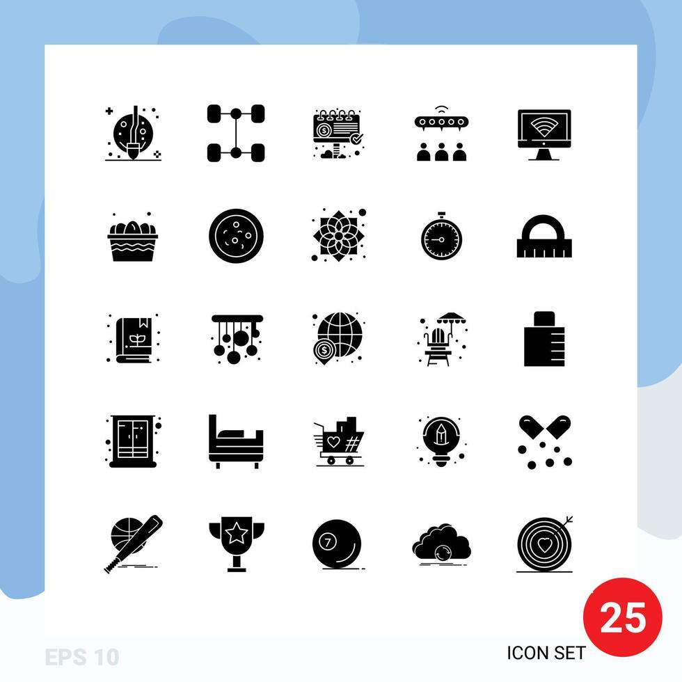25 Thematic Vector Solid Glyphs and Editable Symbols of signal monitor ad computer sharing Editable Vector Design Elements