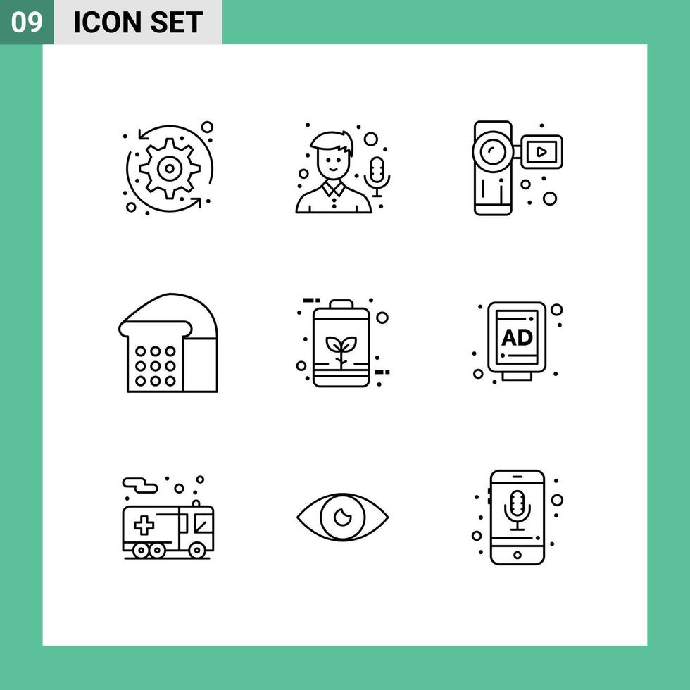 9 Universal Outline Signs Symbols of economic battery camcorder loaf bread Editable Vector Design Elements