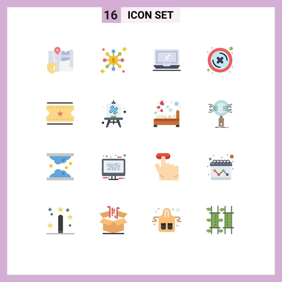 Pictogram Set of 16 Simple Flat Colors of film tickets button monitor delete close Editable Pack of Creative Vector Design Elements