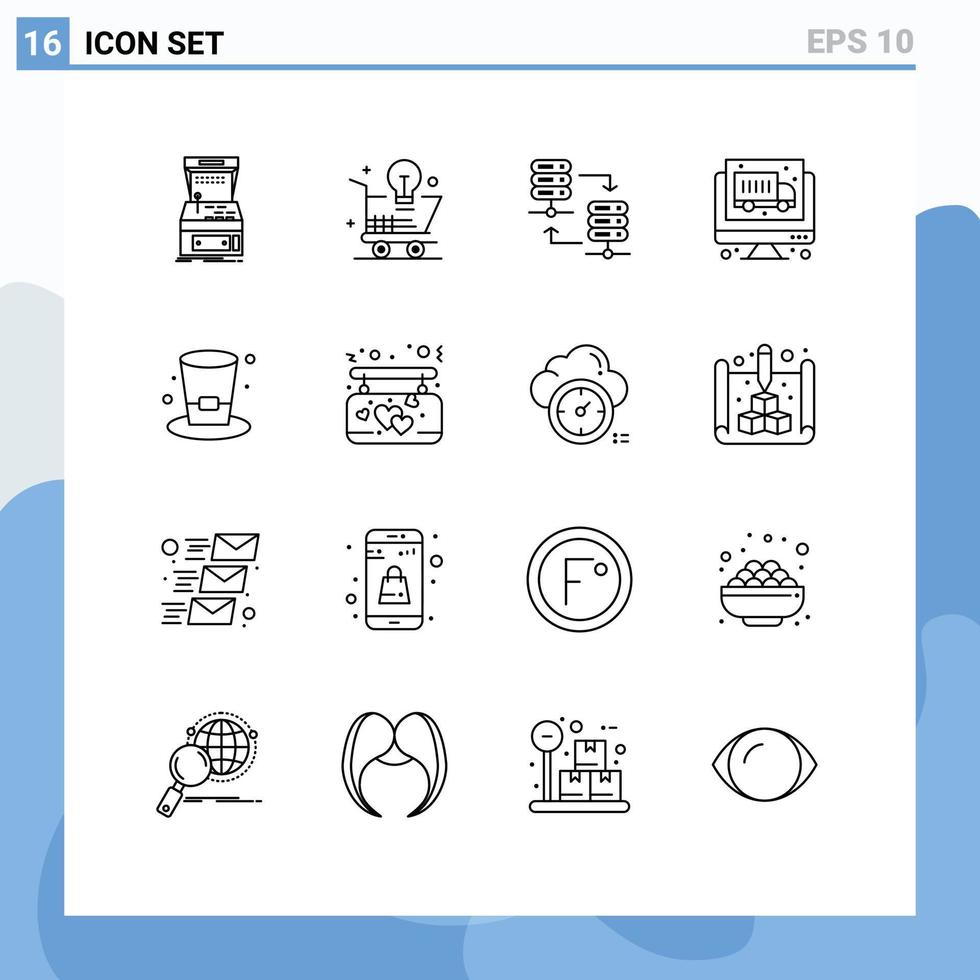 Pictogram Set of 16 Simple Outlines of glass truck idea computer server rack Editable Vector Design Elements