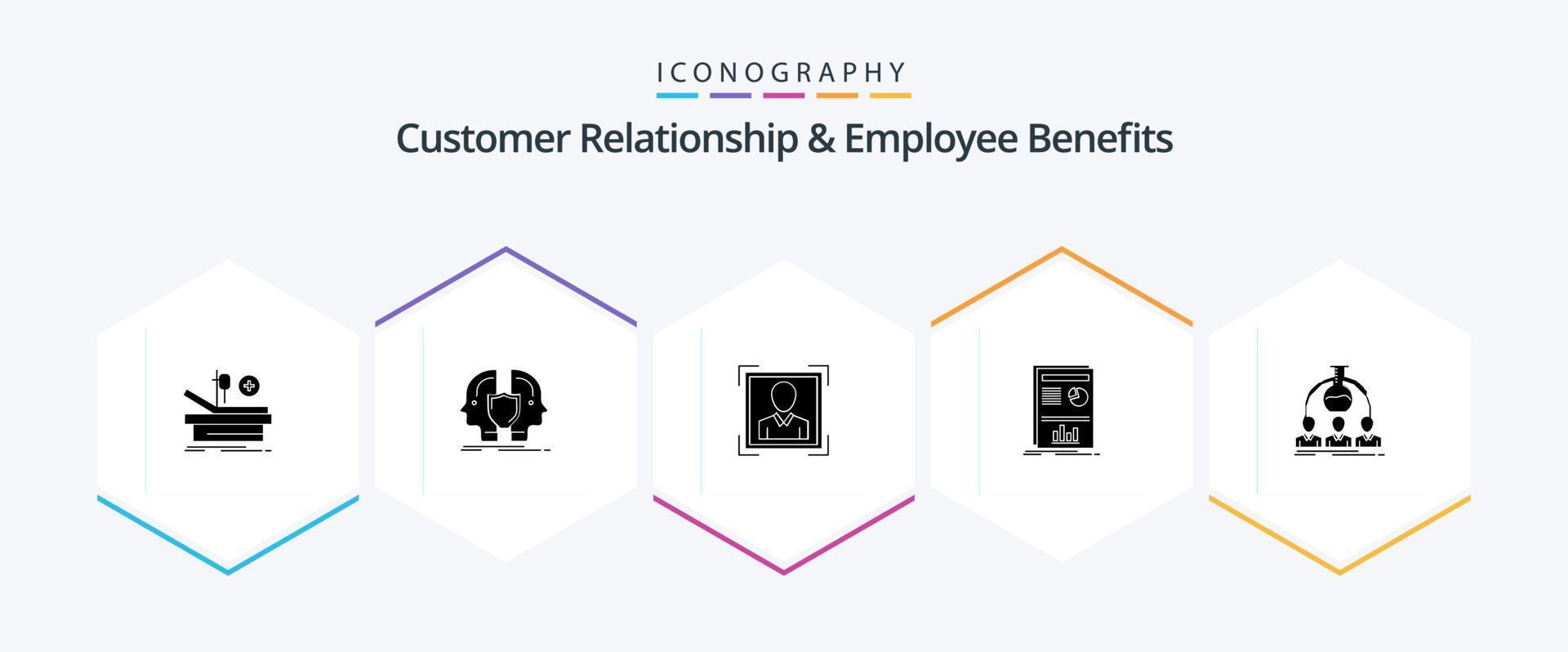 Customer Relationship And Employee Benefits 25 Glyph icon pack including labortary. graph. sheild. layout. profile image vector