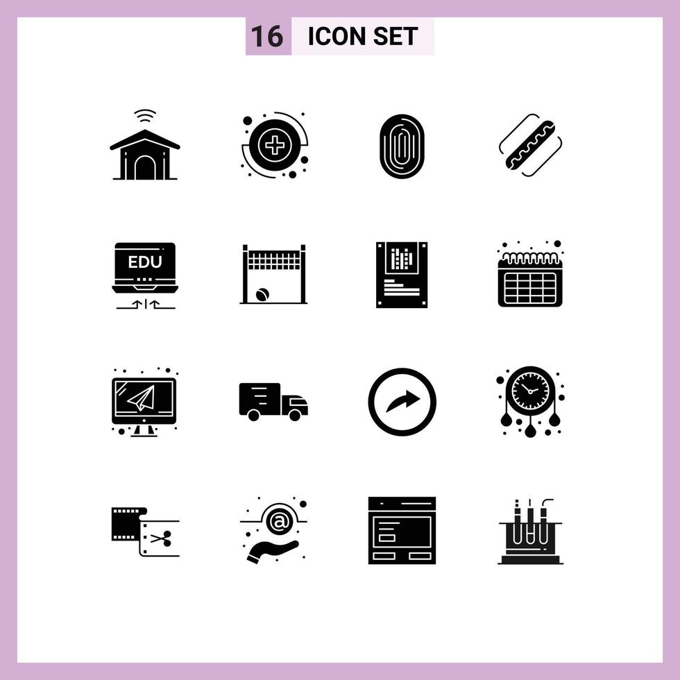 Modern Set of 16 Solid Glyphs and symbols such as laptop hotdog identity american scanning Editable Vector Design Elements