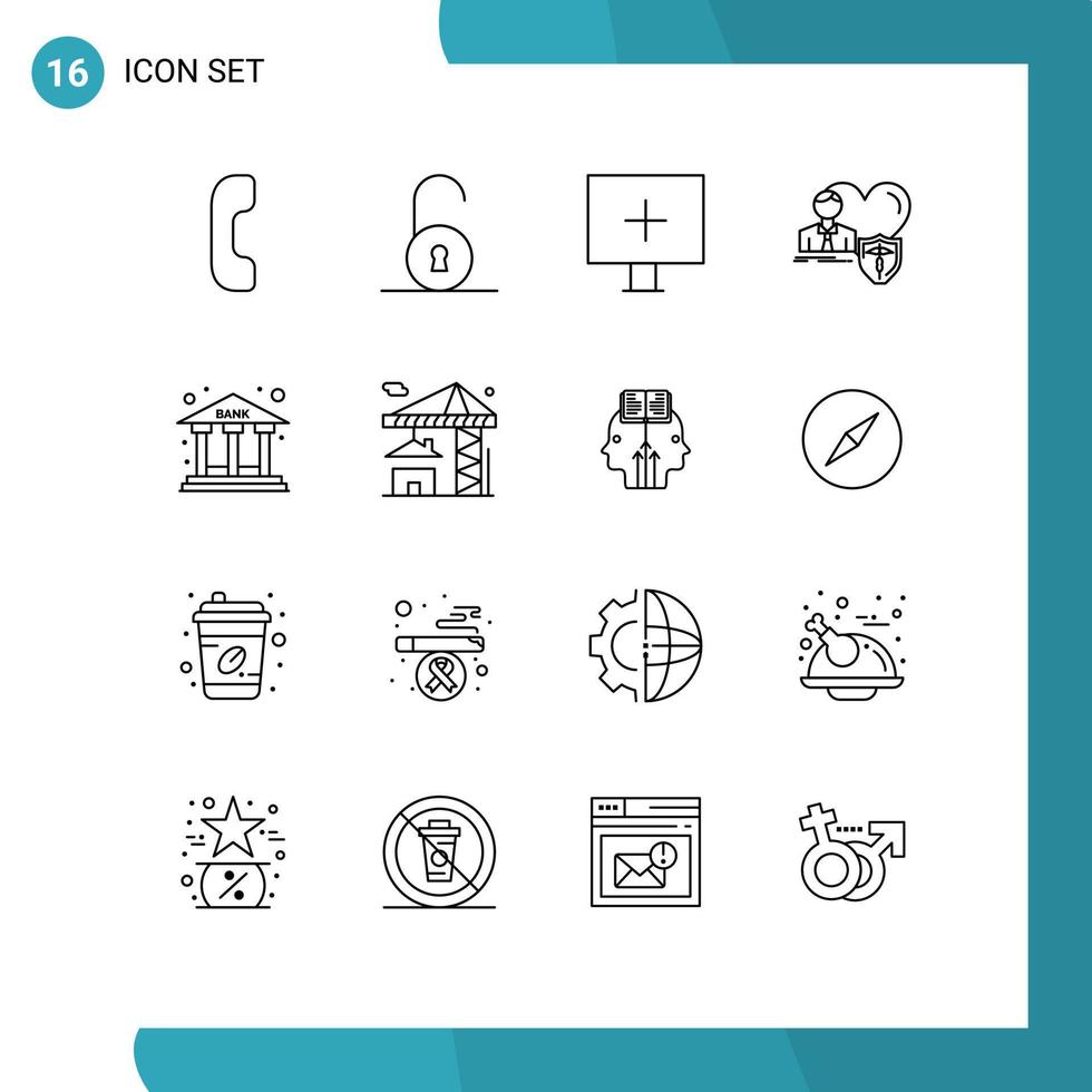 Mobile Interface Outline Set of 16 Pictograms of office bank virus heart home Editable Vector Design Elements
