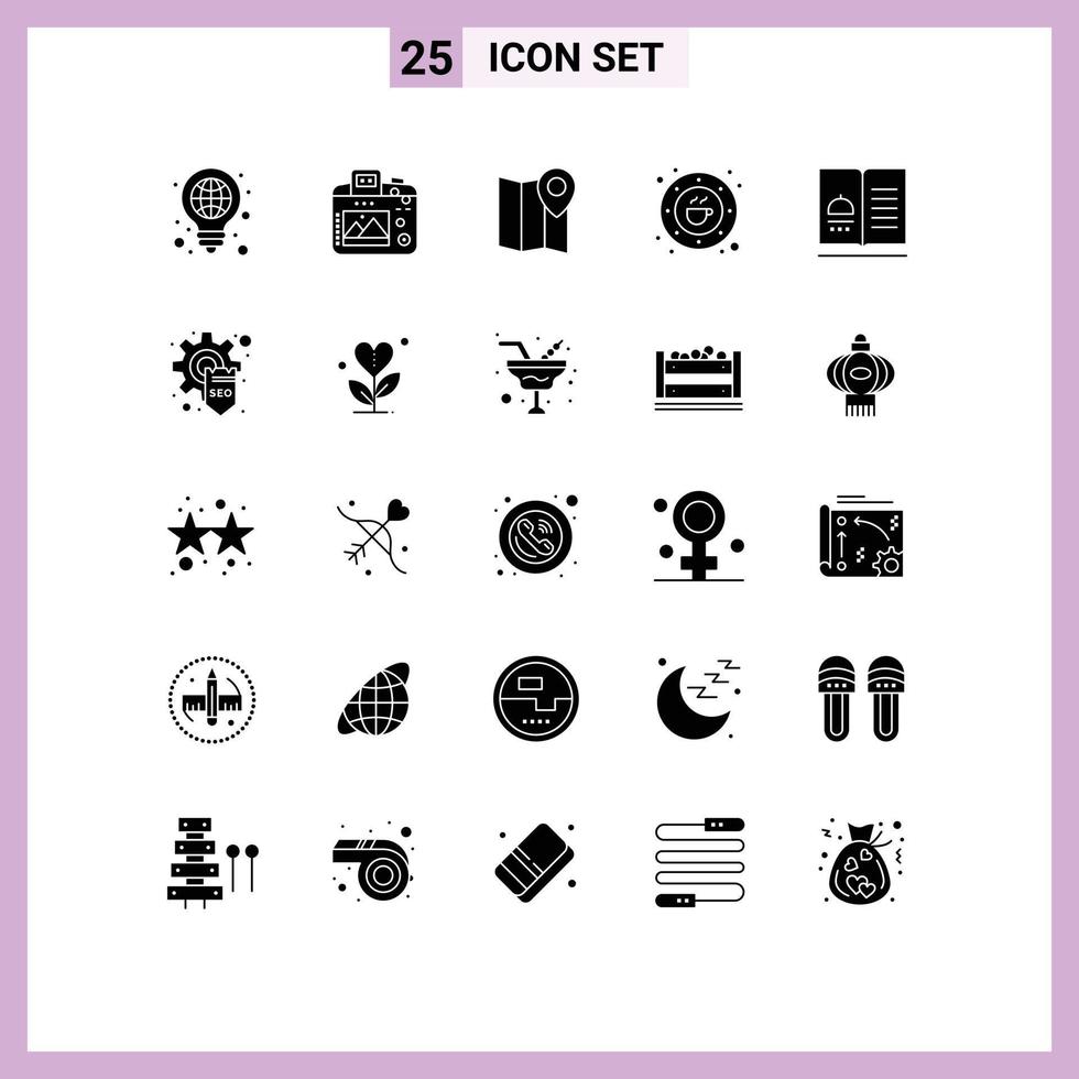 Mobile Interface Solid Glyph Set of 25 Pictograms of plate coffee hobby cafe pin Editable Vector Design Elements