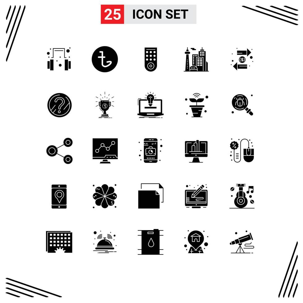 25 Thematic Vector Solid Glyphs and Editable Symbols of finance duty remote coin landmark Editable Vector Design Elements