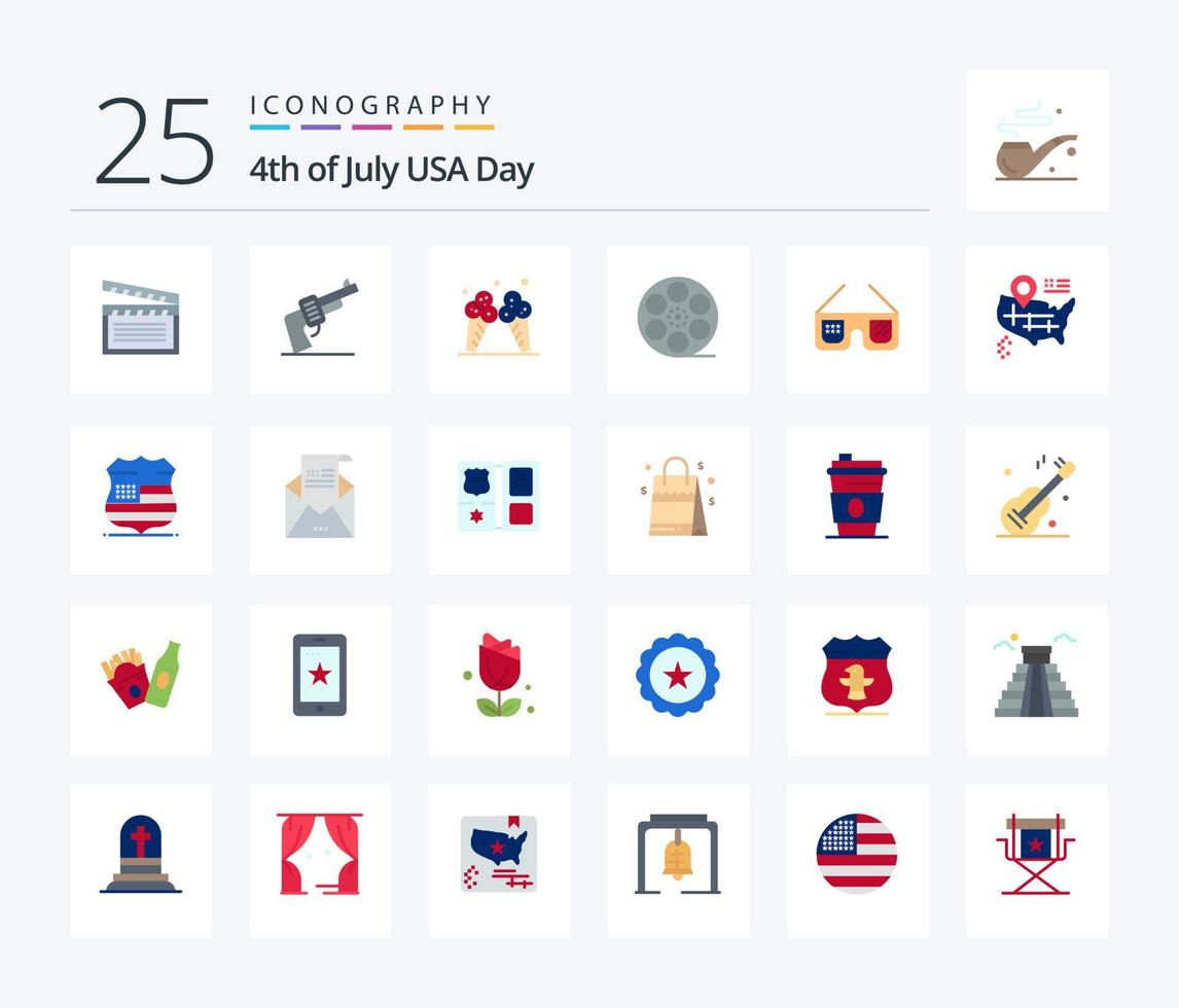 Usa 25 Flat Color icon pack including glasses. american. icecream. video. movis vector