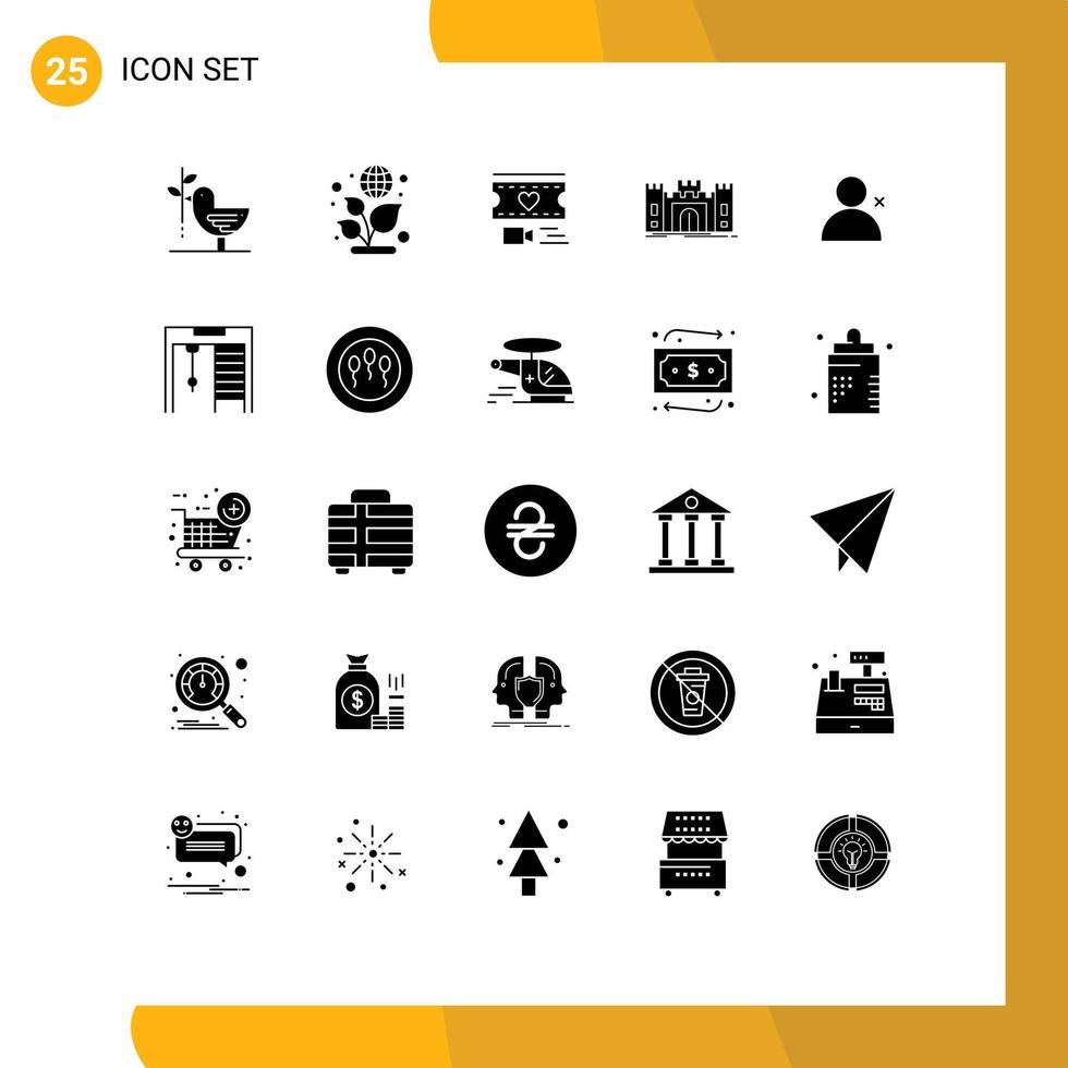 Mobile Interface Solid Glyph Set of 25 Pictograms of discover people fortress filam fort castle Editable Vector Design Elements
