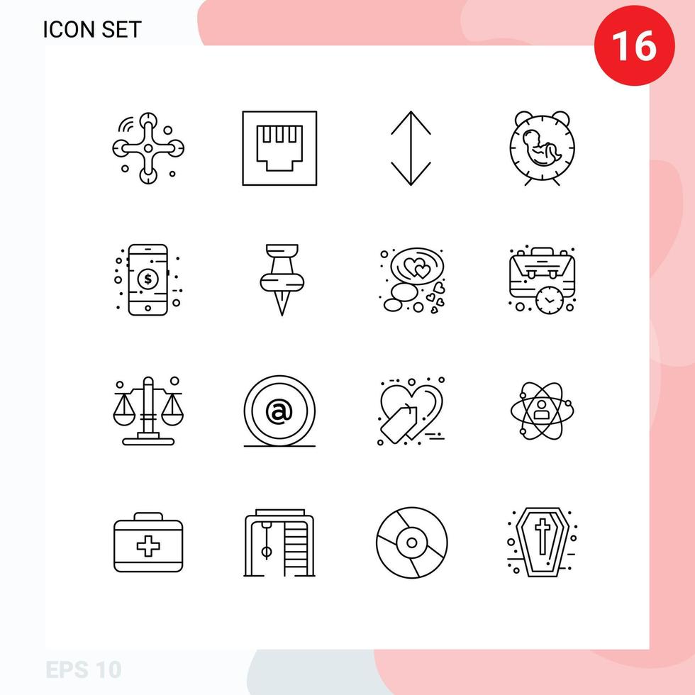 contorno paquete de dieciséis universal símbolos de tienda en línea escala móvil nacimiento editable vector diseño elementos