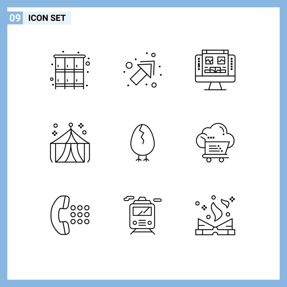 Mobile Interface Outline Set of 9 Pictograms of baby chicken computer tent entertainment Editable Vector Design Elements
