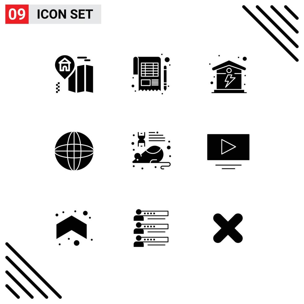 Universal Icon Symbols Group of 9 Modern Solid Glyphs of mouse education electric world globe Editable Vector Design Elements