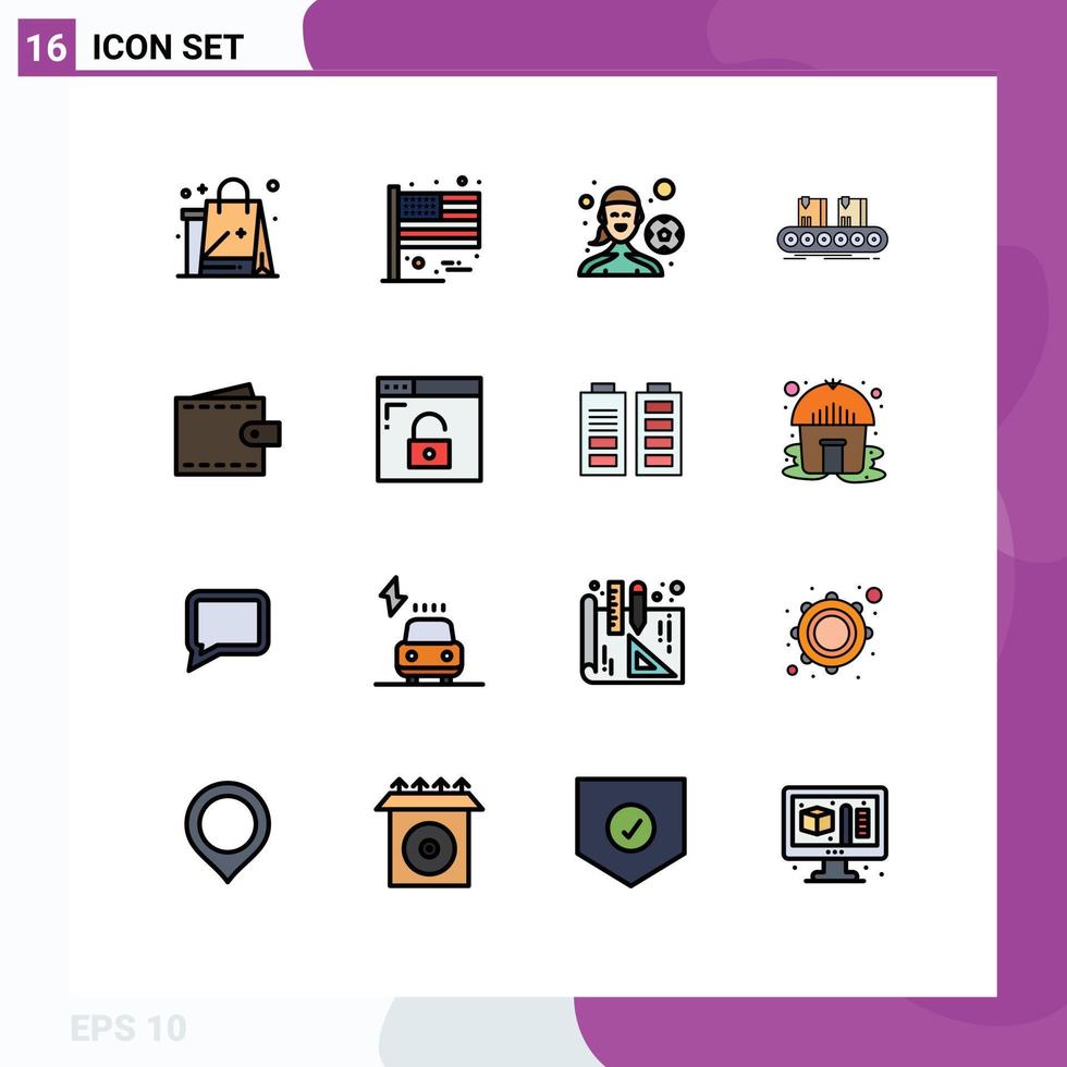 Universal Icon Symbols Group of 16 Modern Flat Color Filled Lines of line conveyor usa box playing football Editable Creative Vector Design Elements