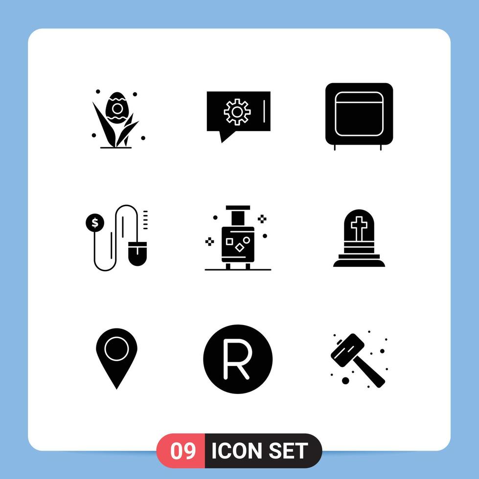 Pack of 9 creative Solid Glyphs of suitcase holiday box marketing mouse Editable Vector Design Elements