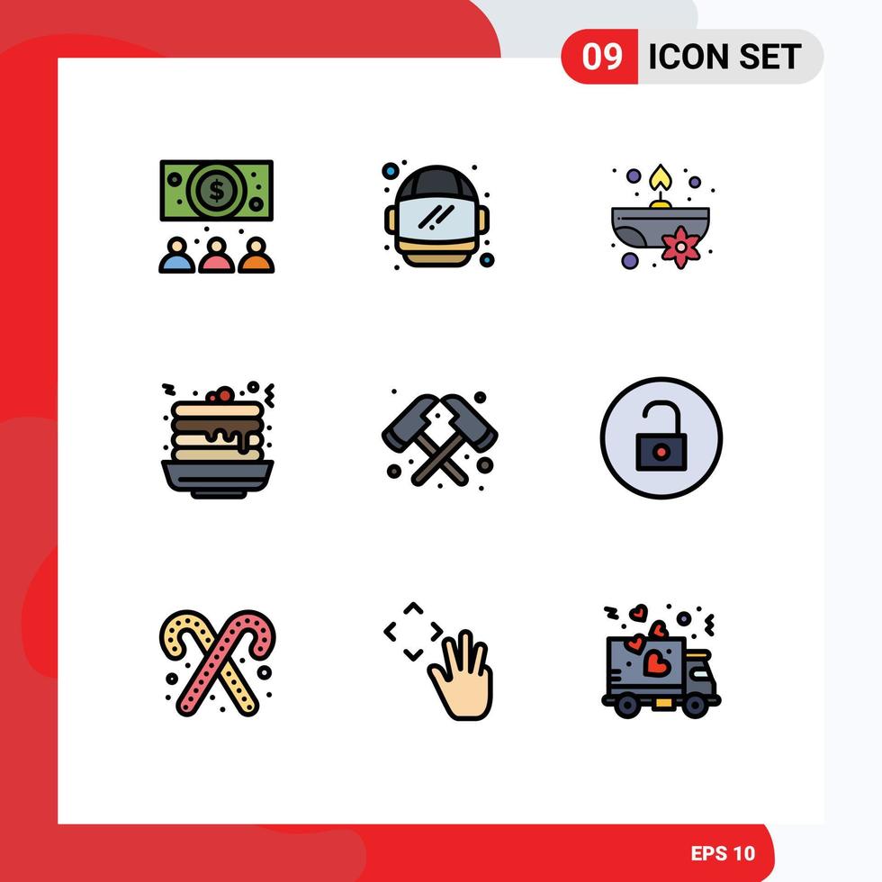 Universal Icon Symbols Group of 9 Modern Filledline Flat Colors of unlock fire spa axe food Editable Vector Design Elements