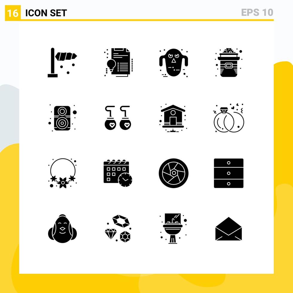 Pack of 16 Modern Solid Glyphs Signs and Symbols for Web Print Media such as sound computer ghoul gold hat Editable Vector Design Elements