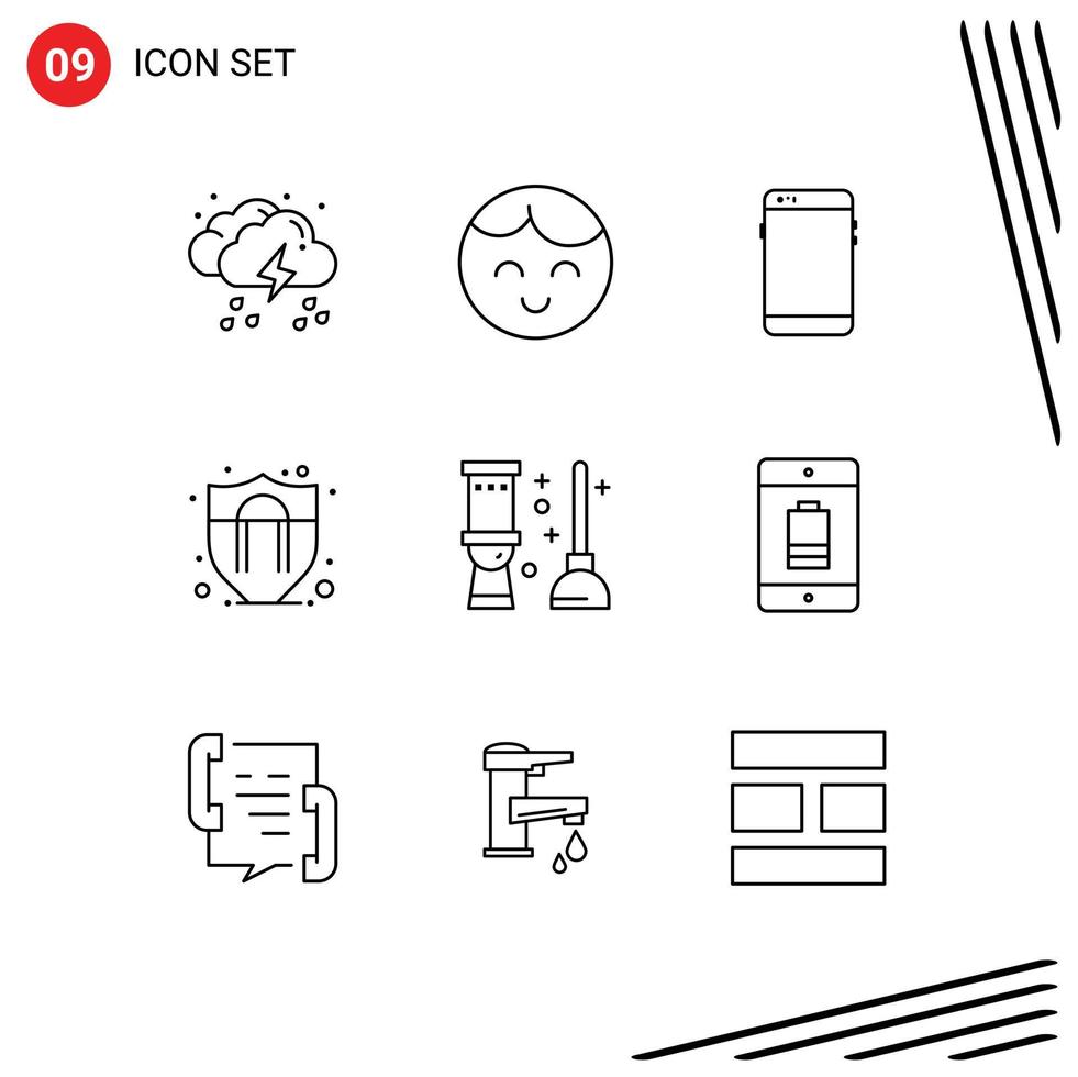 Pack of 9 creative Outlines of clean shield motivation phone protection samsung Editable Vector Design Elements