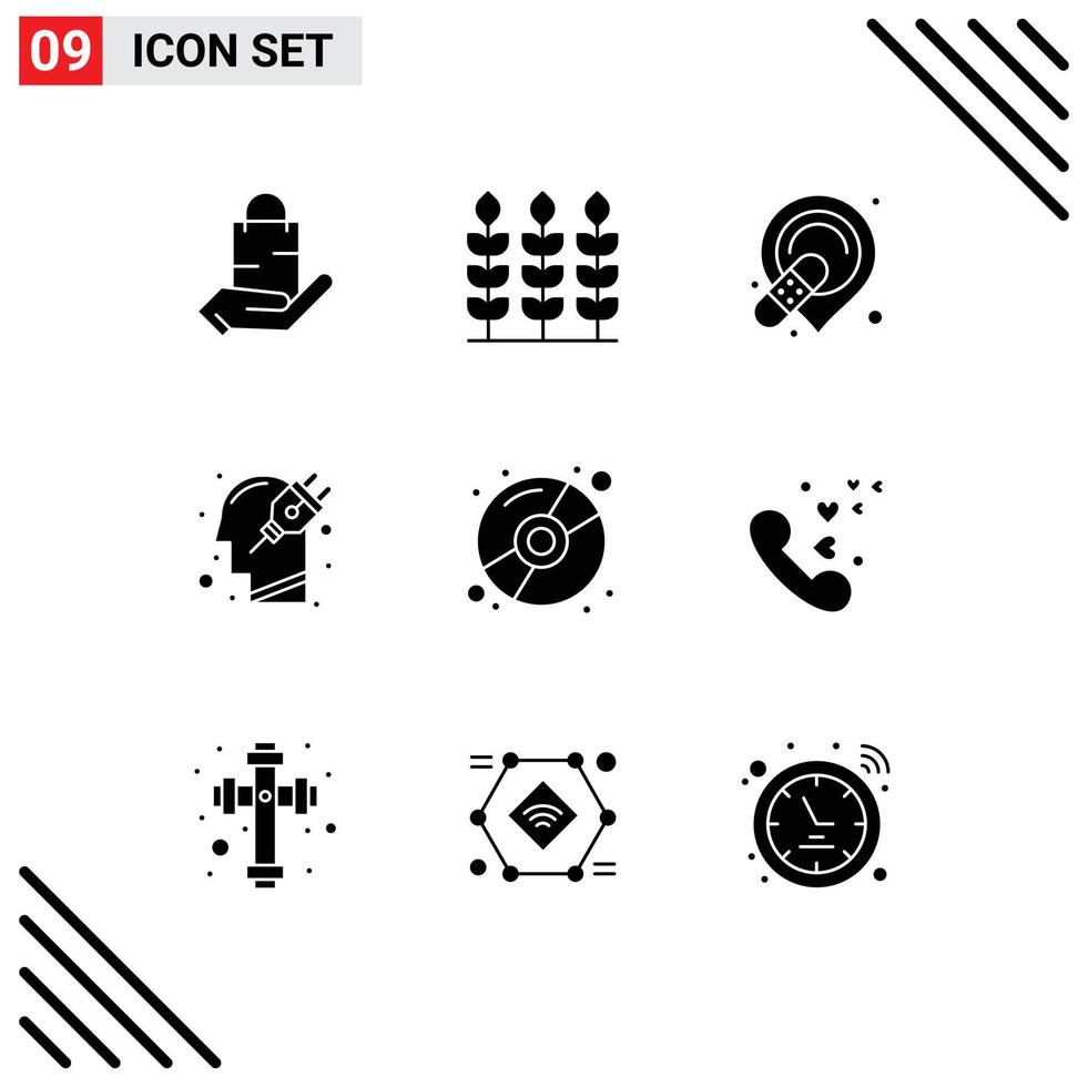 9 User Interface Solid Glyph Pack of modern Signs and Symbols of cd plug d mind head Editable Vector Design Elements