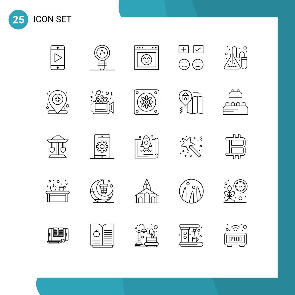Set of 25 Commercial Lines pack for experiment tick browser sad emojis Editable Vector Design Elements
