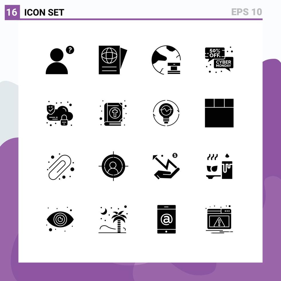 User Interface Pack of 16 Basic Solid Glyphs of security cloud network sale message Editable Vector Design Elements