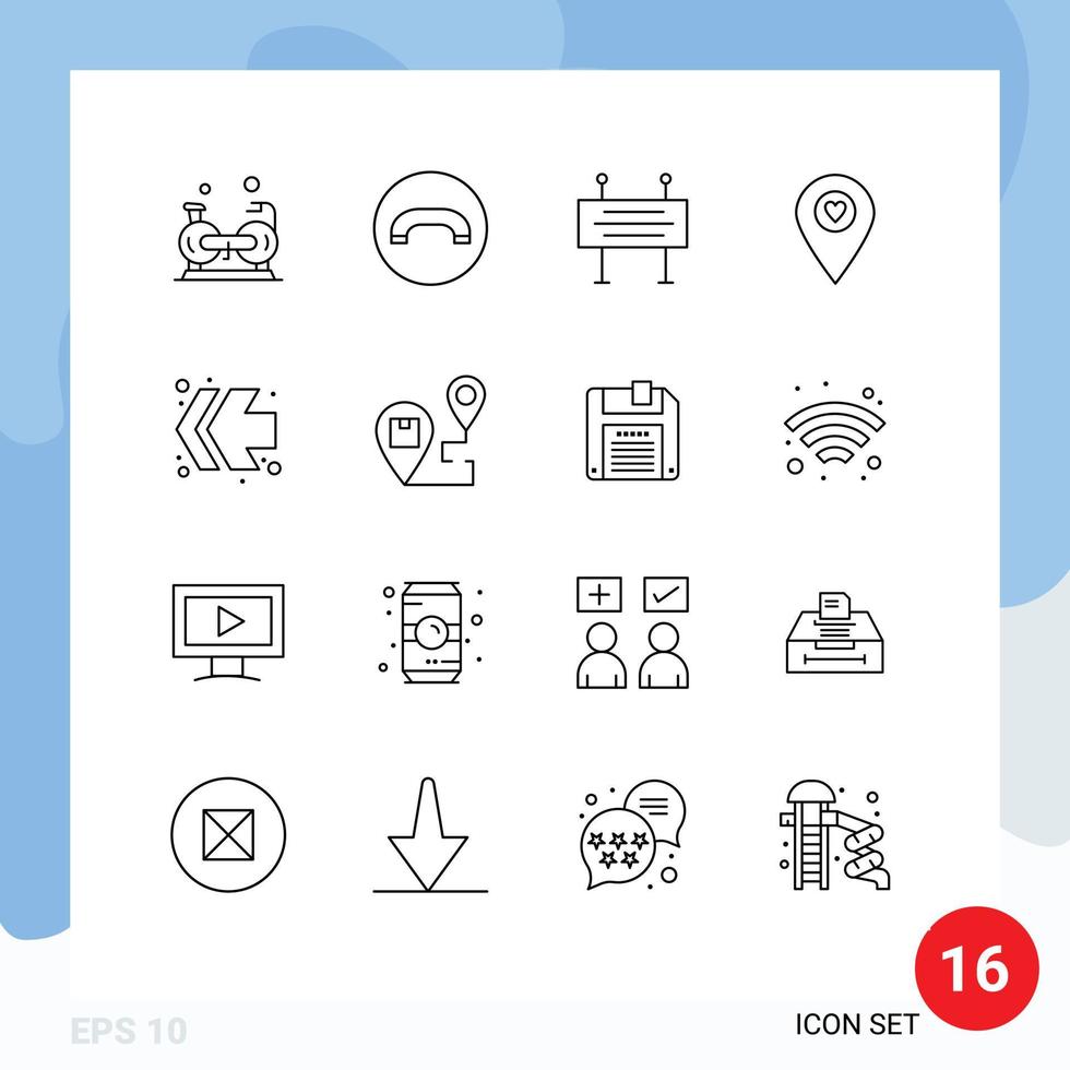 Set of 16 Modern UI Icons Symbols Signs for fast forward pointer construction banner map heart Editable Vector Design Elements