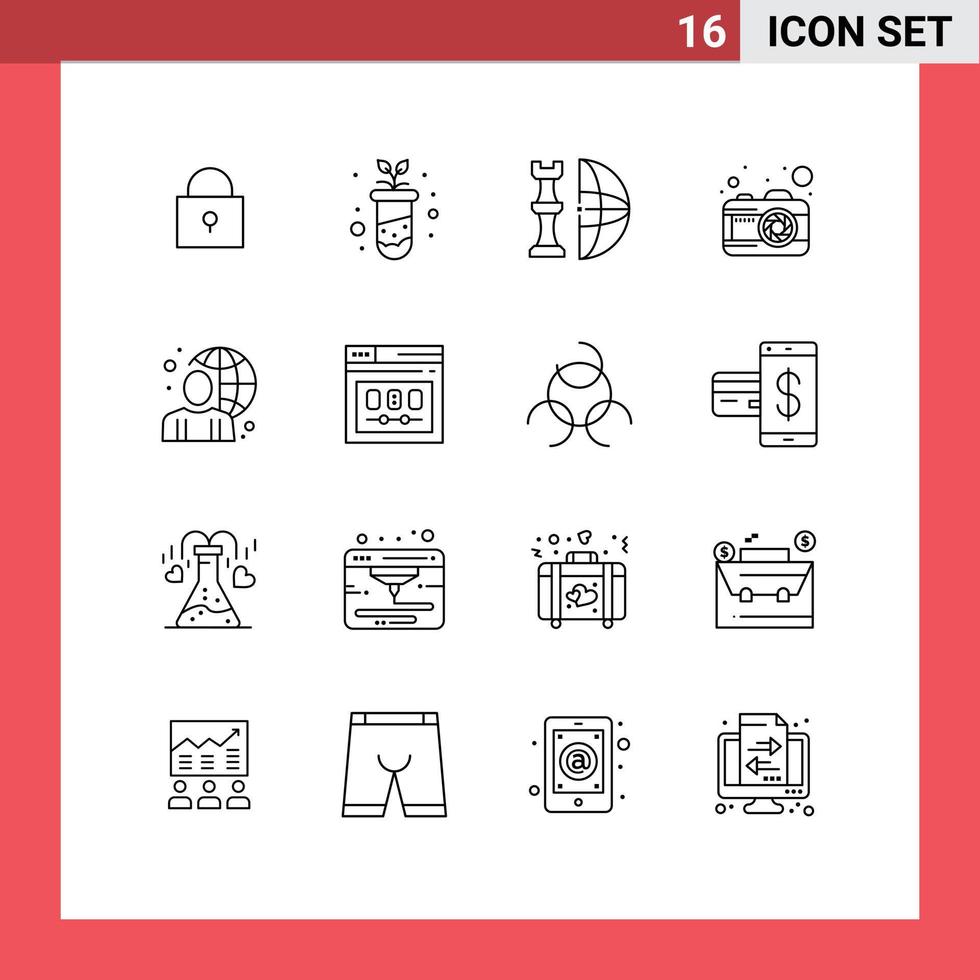 16 Universal Outline Signs Symbols of globe user global picture camera Editable Vector Design Elements