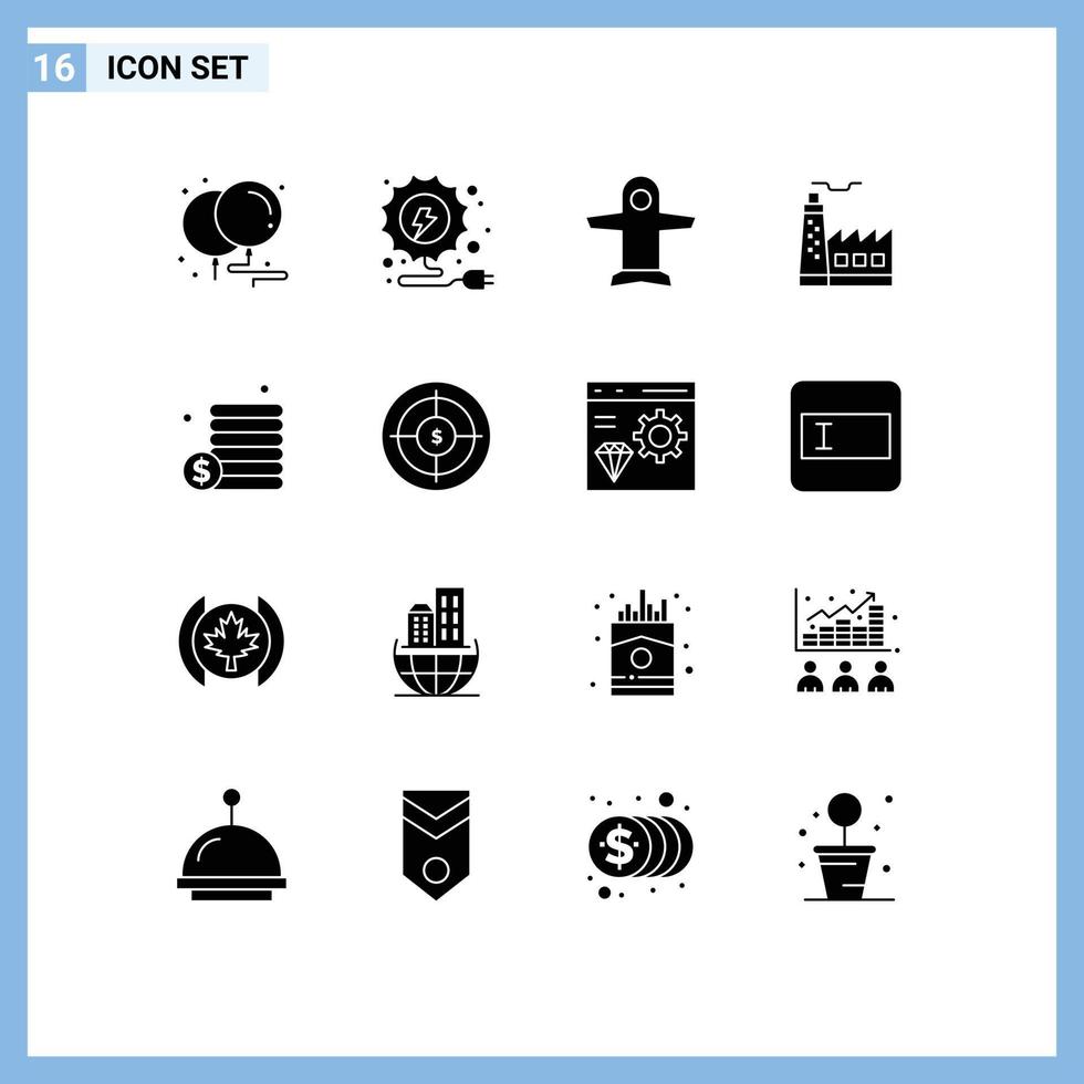 Mobile Interface Solid Glyph Set of 16 Pictograms of money cash takeoff industrey factory Editable Vector Design Elements