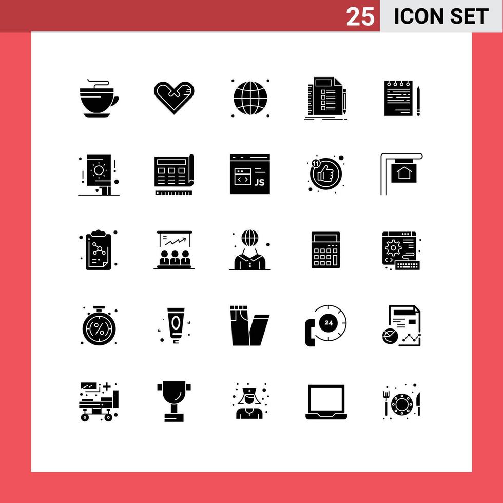 Solid Glyph Pack of 25 Universal Symbols of task plan surprise list network Editable Vector Design Elements