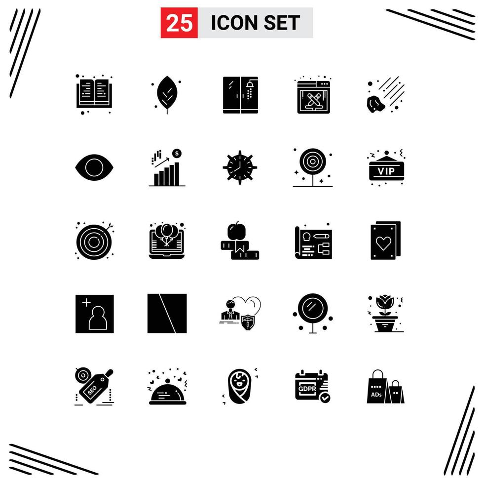 Group of 25 Solid Glyphs Signs and Symbols for eye meteorite plumbing meteor software Editable Vector Design Elements