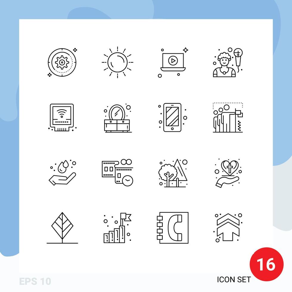 Modern Set of 16 Outlines and symbols such as mechanical singer sunrise man video Editable Vector Design Elements