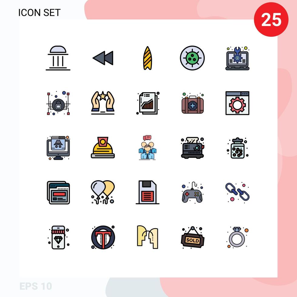 25 Thematic Vector Filled line Flat Colors and Editable Symbols of design virus rewind disease surfing Editable Vector Design Elements