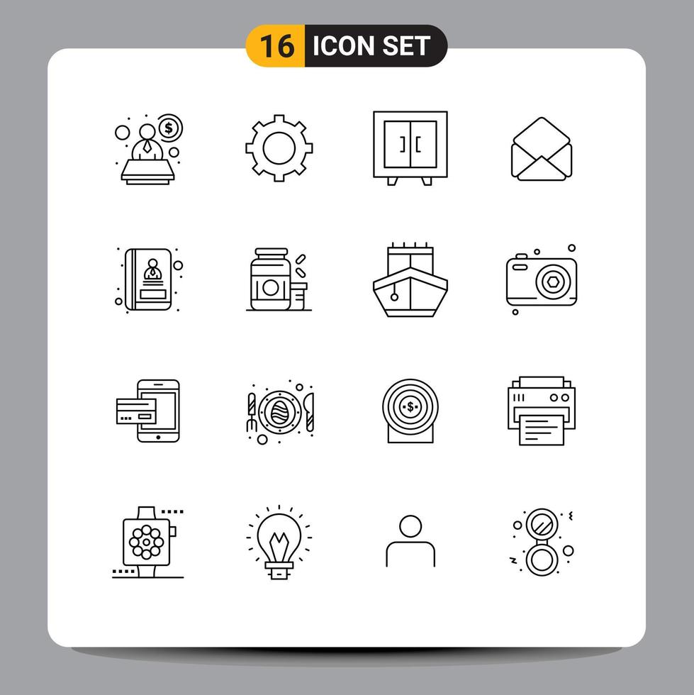 16 Universal Outlines Set for Web and Mobile Applications gainer communication interior book open Editable Vector Design Elements