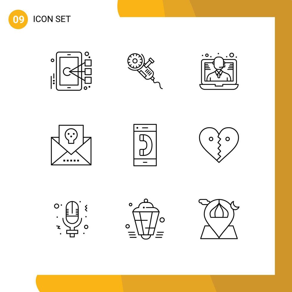 Pack of 9 Modern Outlines Signs and Symbols for Web Print Media such as mail halloween blade envelope call Editable Vector Design Elements