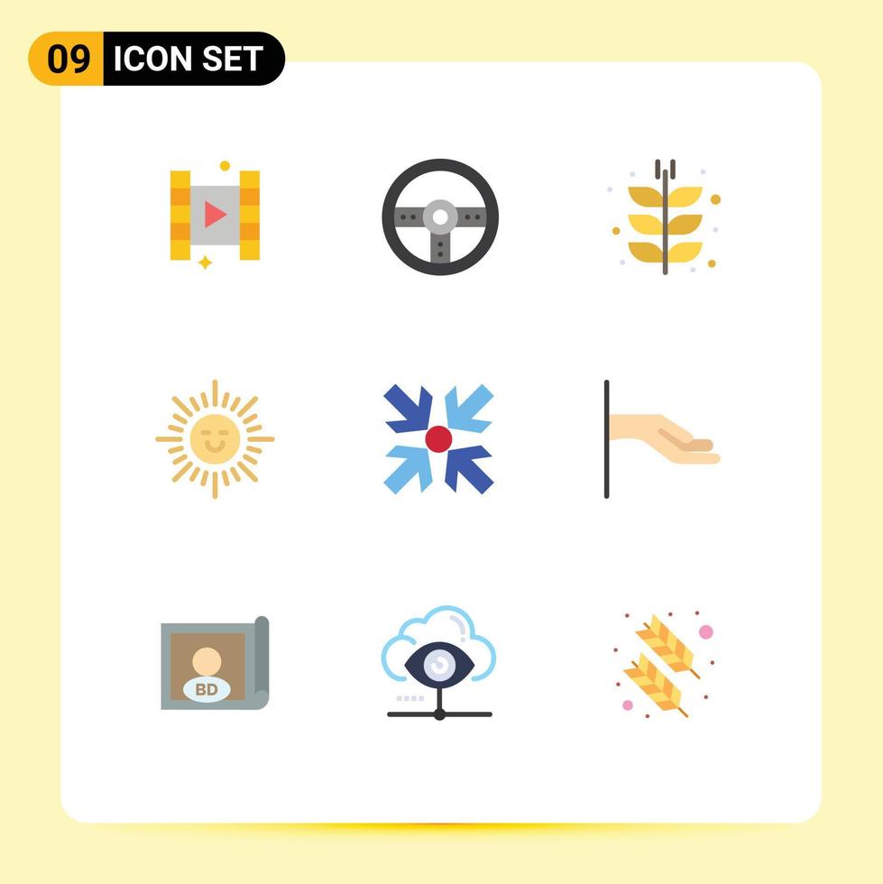 9 User Interface Flat Color Pack of modern Signs and Symbols of minimize arrows farm sun beach Editable Vector Design Elements
