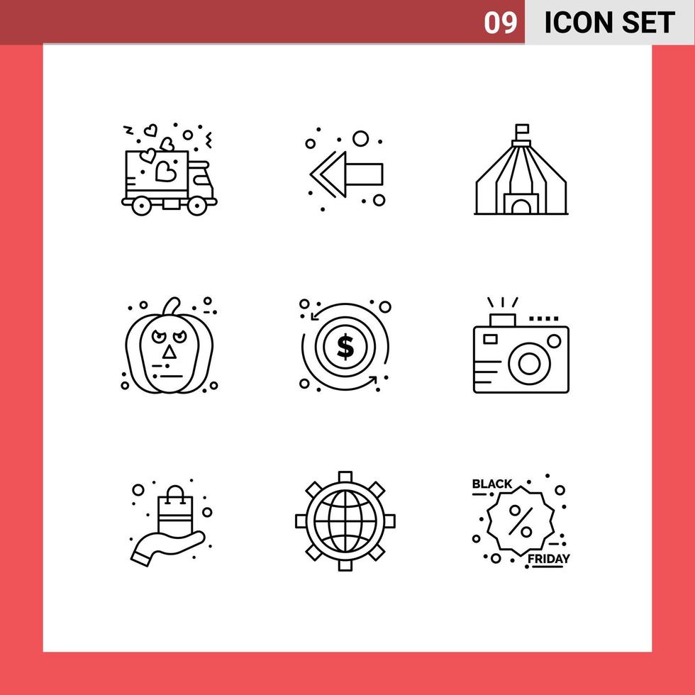 Outline Pack of 9 Universal Symbols of money dollar tent arrow pumpkin Editable Vector Design Elements