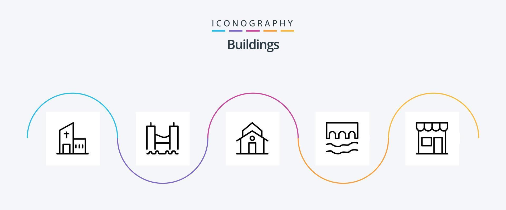 Buildings Line 5 Icon Pack Including historic. bridge. industrial. tower. house vector