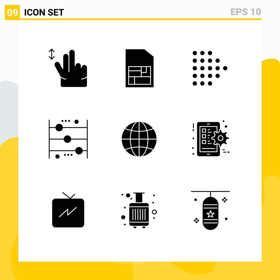 9 Universal Solid Glyphs Set for Web and Mobile Applications gear globe dotted global counting Editable Vector Design Elements