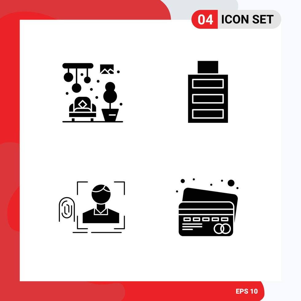 Set of 4 Vector Solid Glyphs on Grid for home scan battery finger card Editable Vector Design Elements
