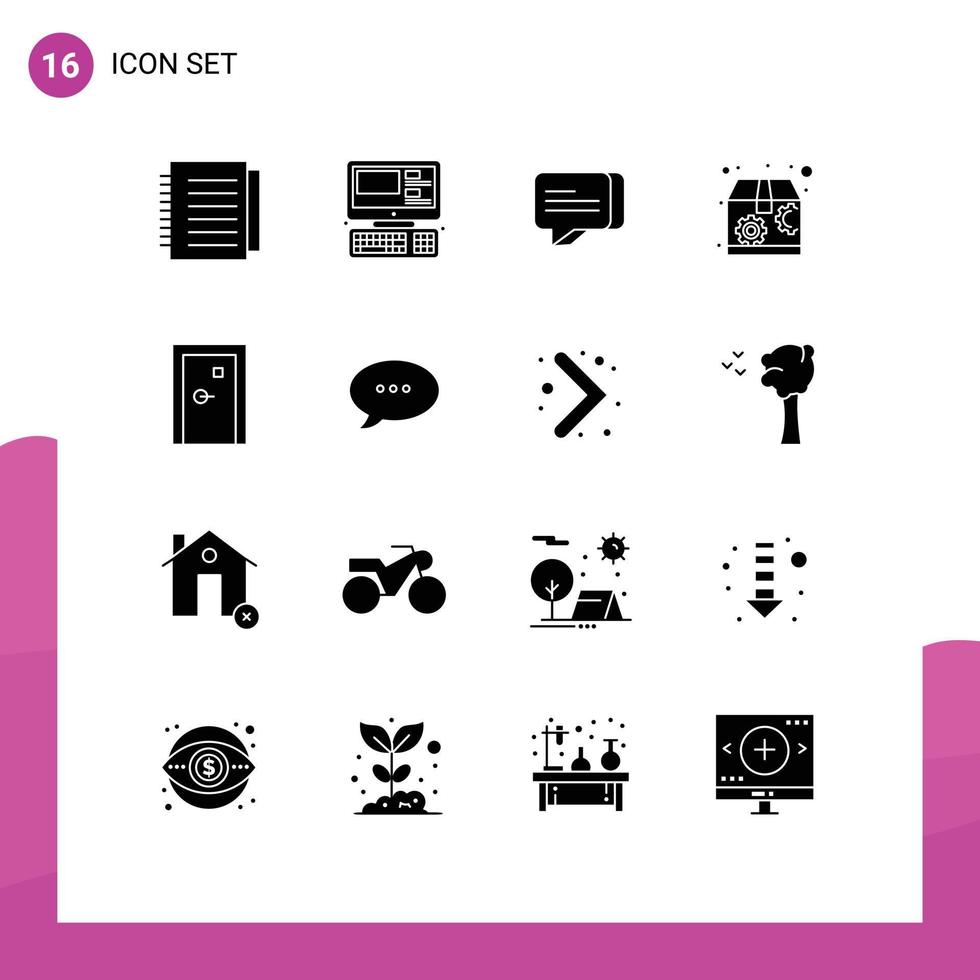 Modern Set of 16 Solid Glyphs Pictograph of exit buildings chat aperture package Editable Vector Design Elements