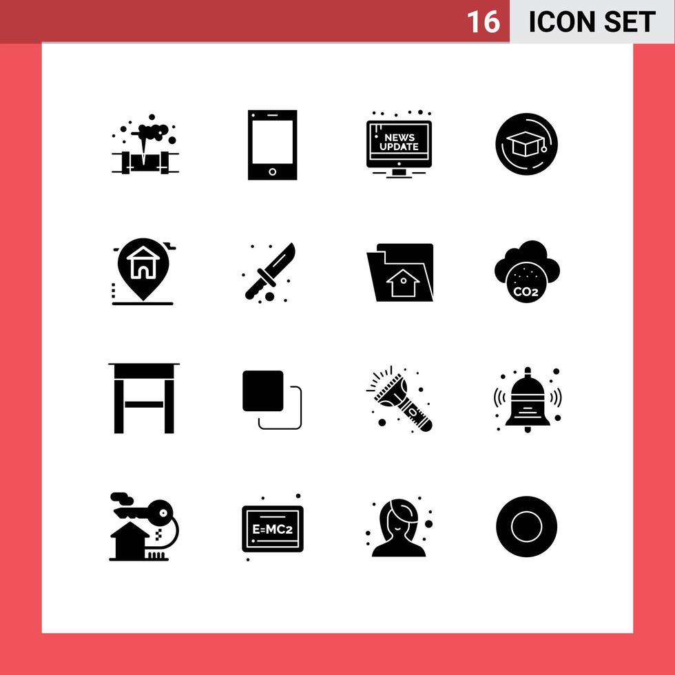 Mobile Interface Solid Glyph Set of 16 Pictograms of home graduation campaign education update Editable Vector Design Elements