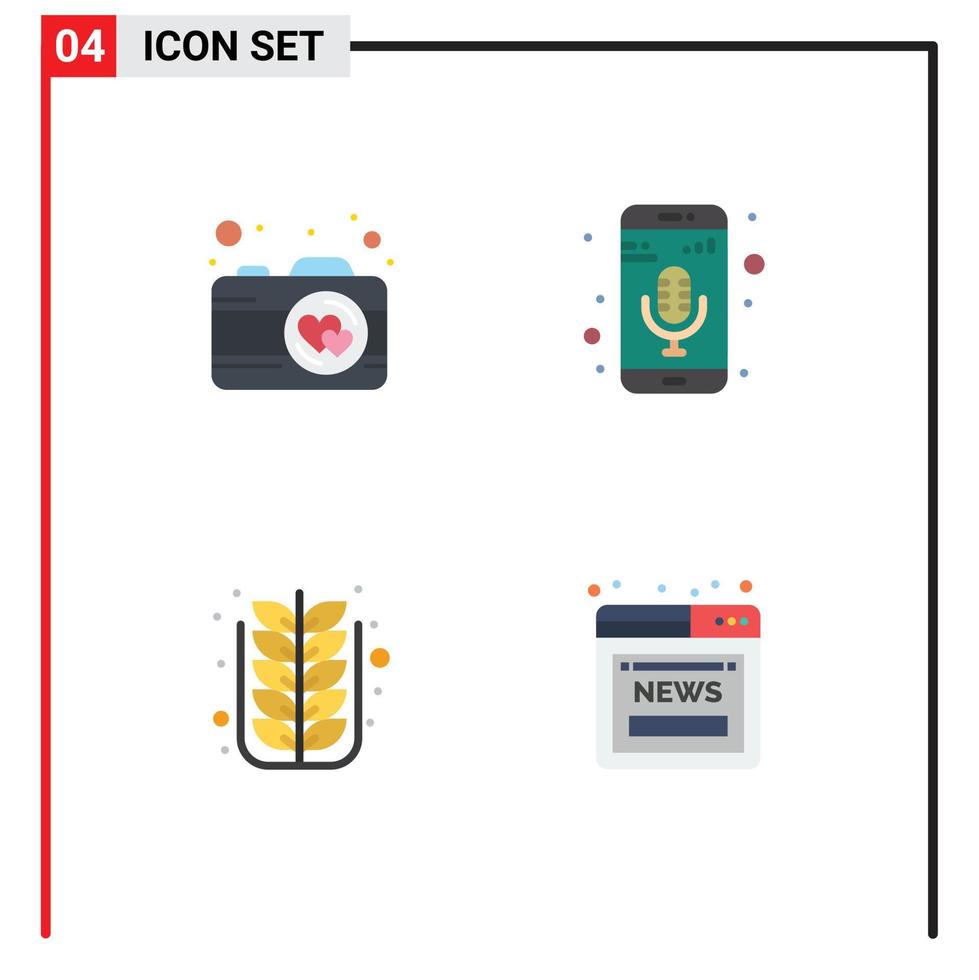Set of 4 Vector Flat Icons on Grid for camera leaf mobile app phone recorder tree Editable Vector Design Elements