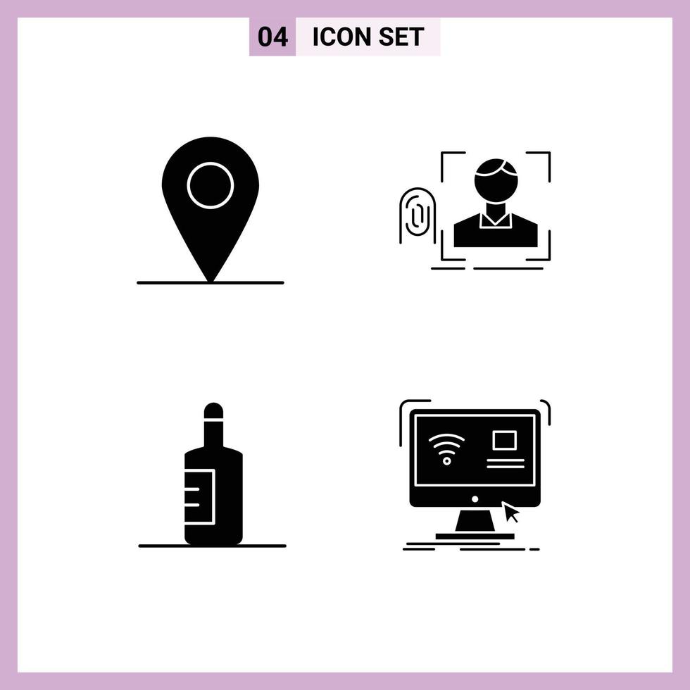 Modern Set of 4 Solid Glyphs Pictograph of location beach fingerprint scanning computer Editable Vector Design Elements