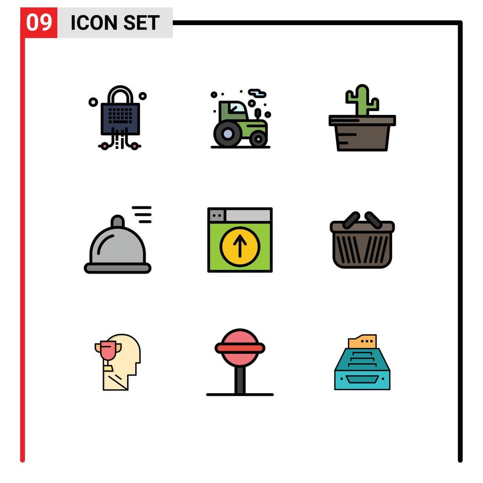 Mobile Interface Filledline Flat Color Set of 9 Pictograms of design up cactus upload dish Editable Vector Design Elements