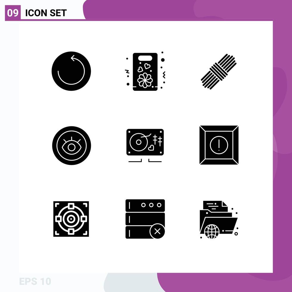Pack of 9 creative Solid Glyphs of wedding love pack music support Editable Vector Design Elements