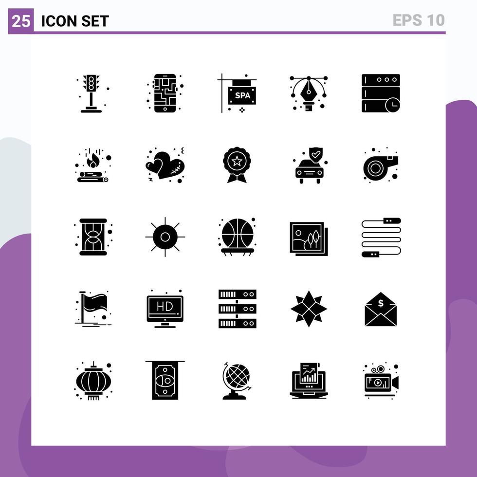 Set of 25 Vector Solid Glyphs on Grid for time database board tool design Editable Vector Design Elements