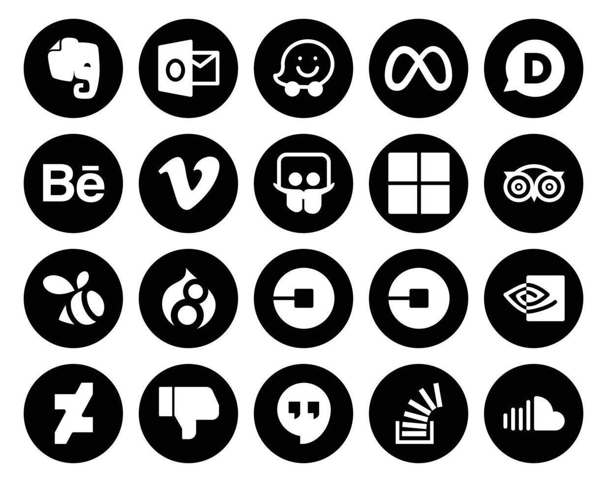 20 social medios de comunicación icono paquete incluso conductor uber vídeo drupal viaje vector