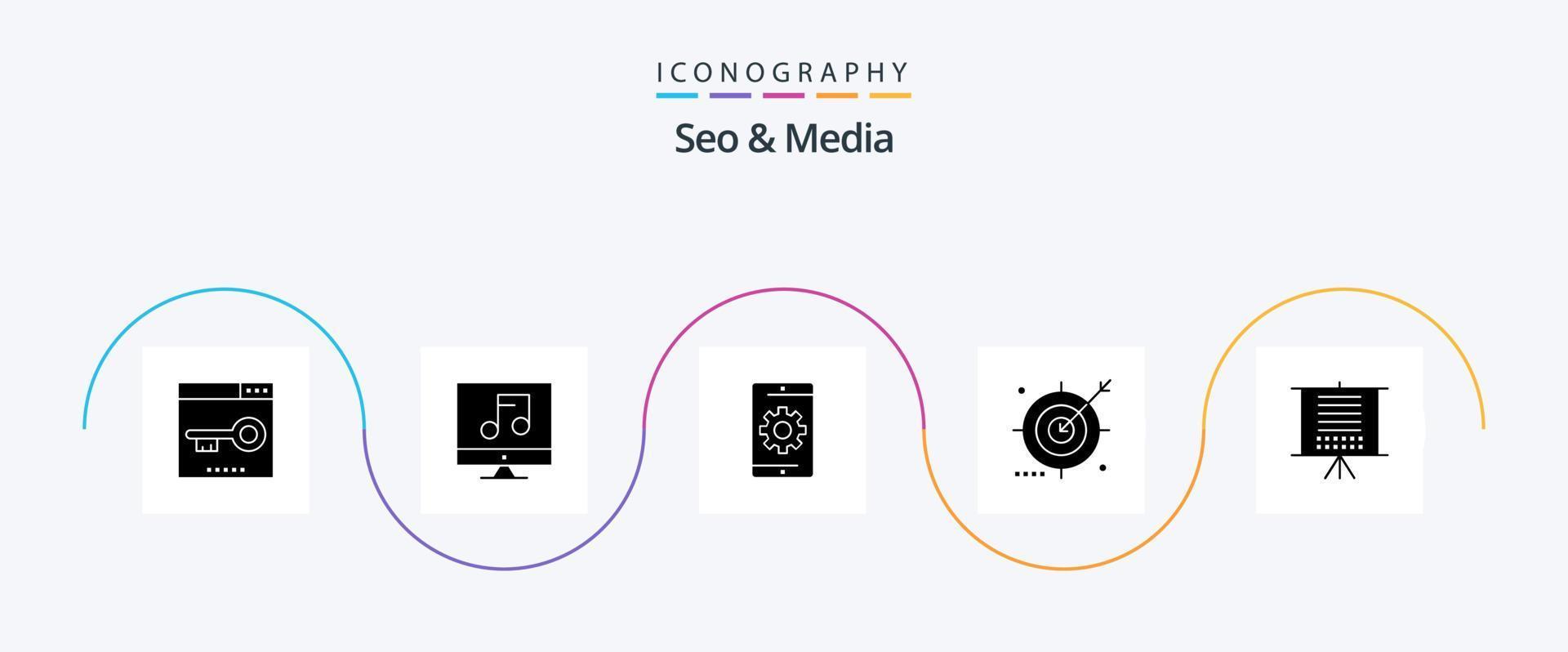 Seo and Media Glyph 5 Icon Pack Including optimization. engine. video. audience. phone vector