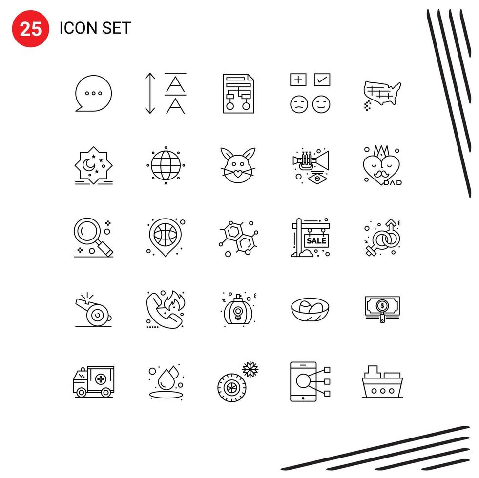 Line Pack of 25 Universal Symbols of united map wireframe add sad Editable Vector Design Elements