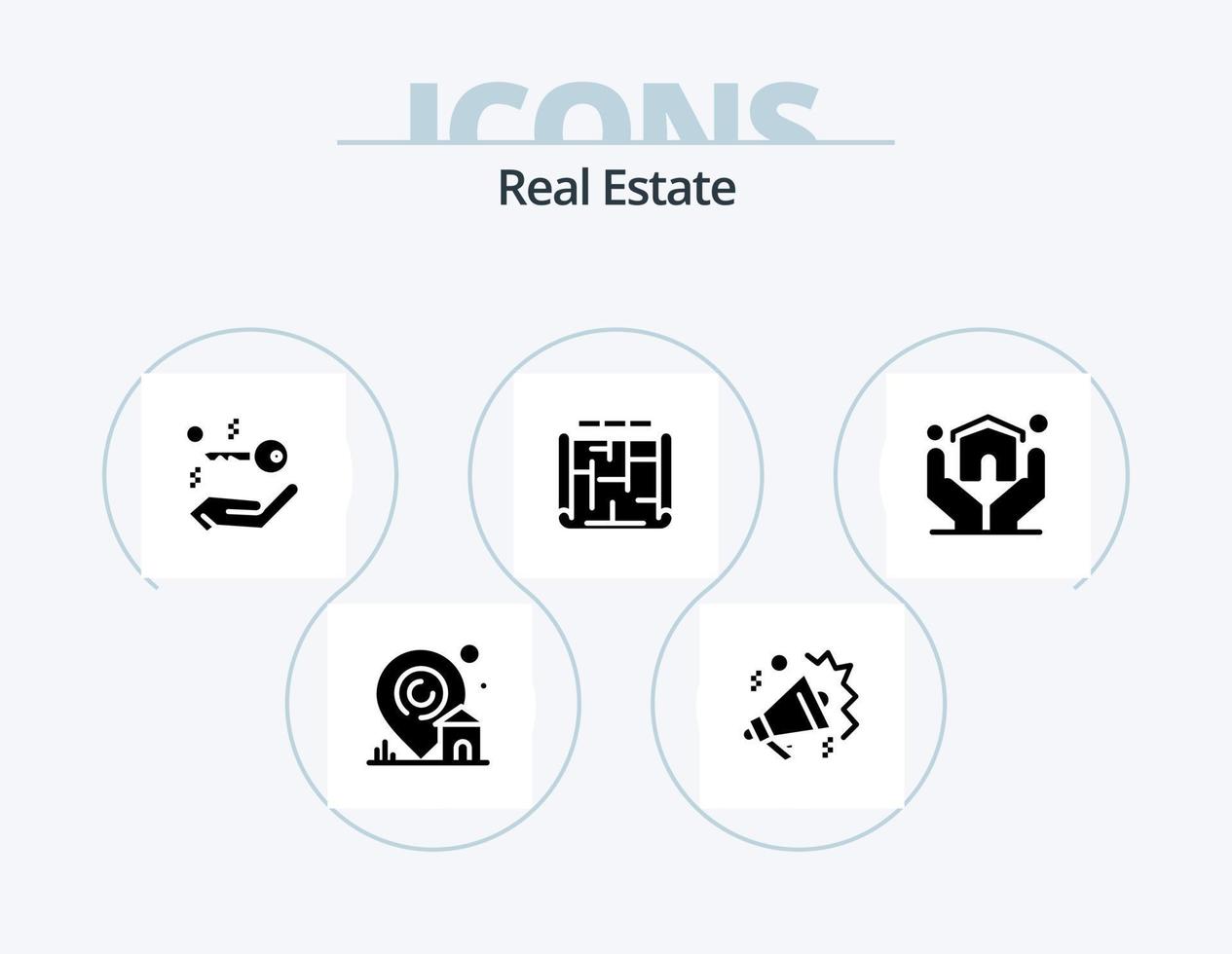 Real Estate Glyph Icon Pack 5 Icon Design. building . architecture . sound . key vector