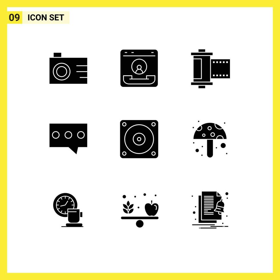 9 User Interface Solid Glyph Pack of modern Signs and Symbols of mechanic electric camera message bubble Editable Vector Design Elements