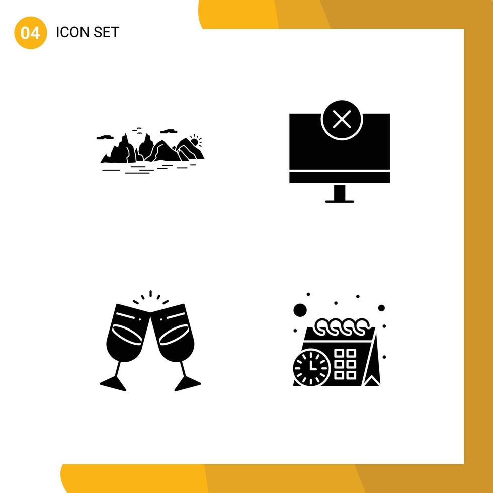 Editable Vector Line Pack of 4 Simple Solid Glyphs of mountain monitor nature devices alcohal Editable Vector Design Elements